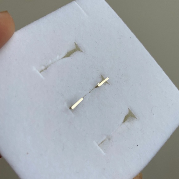 Tiny Solid 14 Karat White Gold Line Earrings Pair with Push Backs - Picture 3 of 5